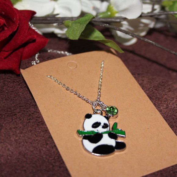 Hungry Panda with Colored Rhinestone Silver Dainty Necklace - Picture 4 of 6